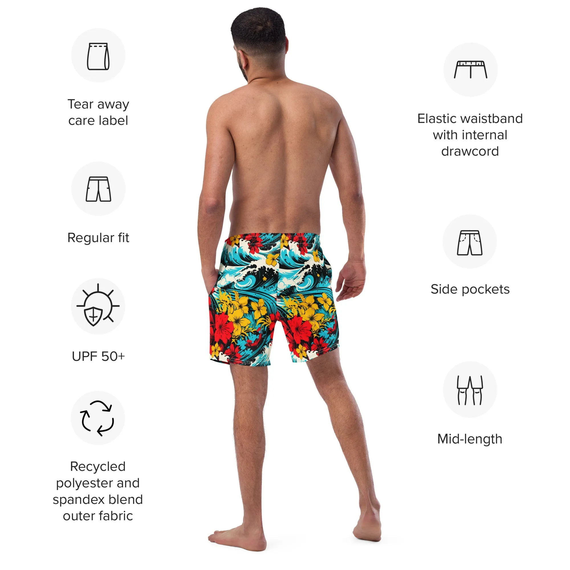 Men's Swim Trunks - Waves and Flowers 001