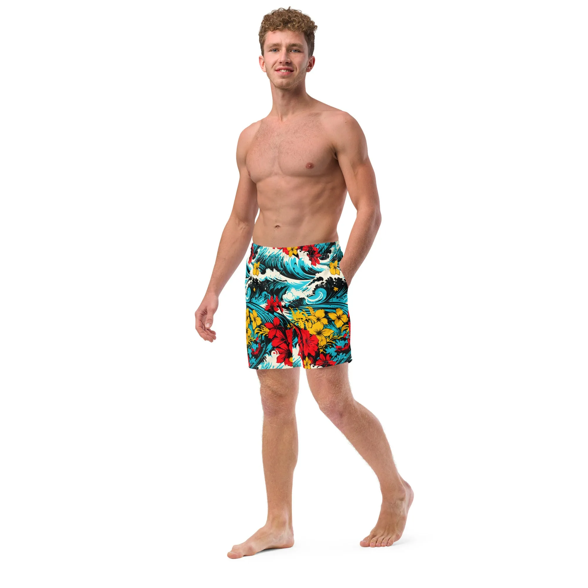 Men's Swim Trunks - Waves and Flowers 001