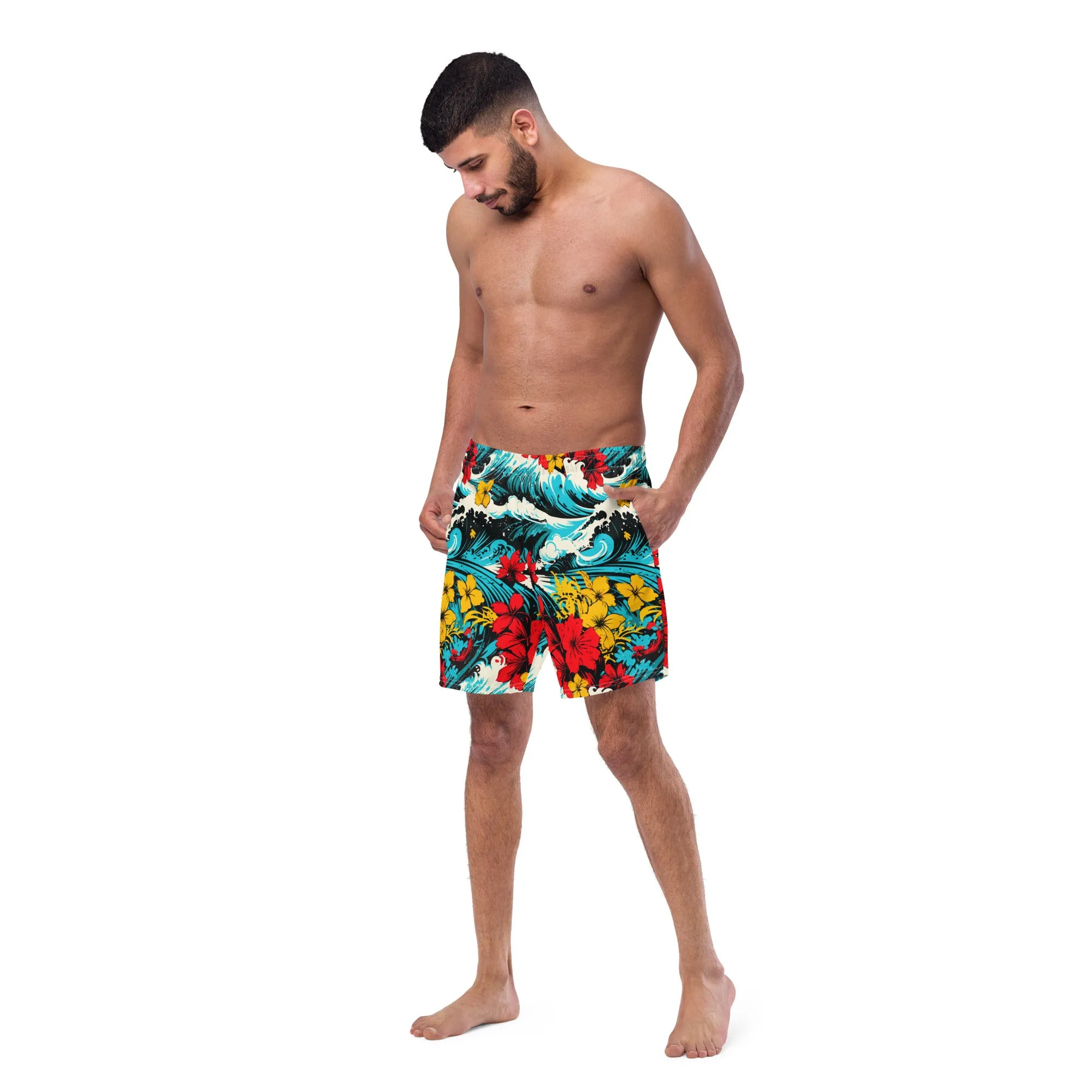 Men's Swim Trunks - Waves and Flowers 001