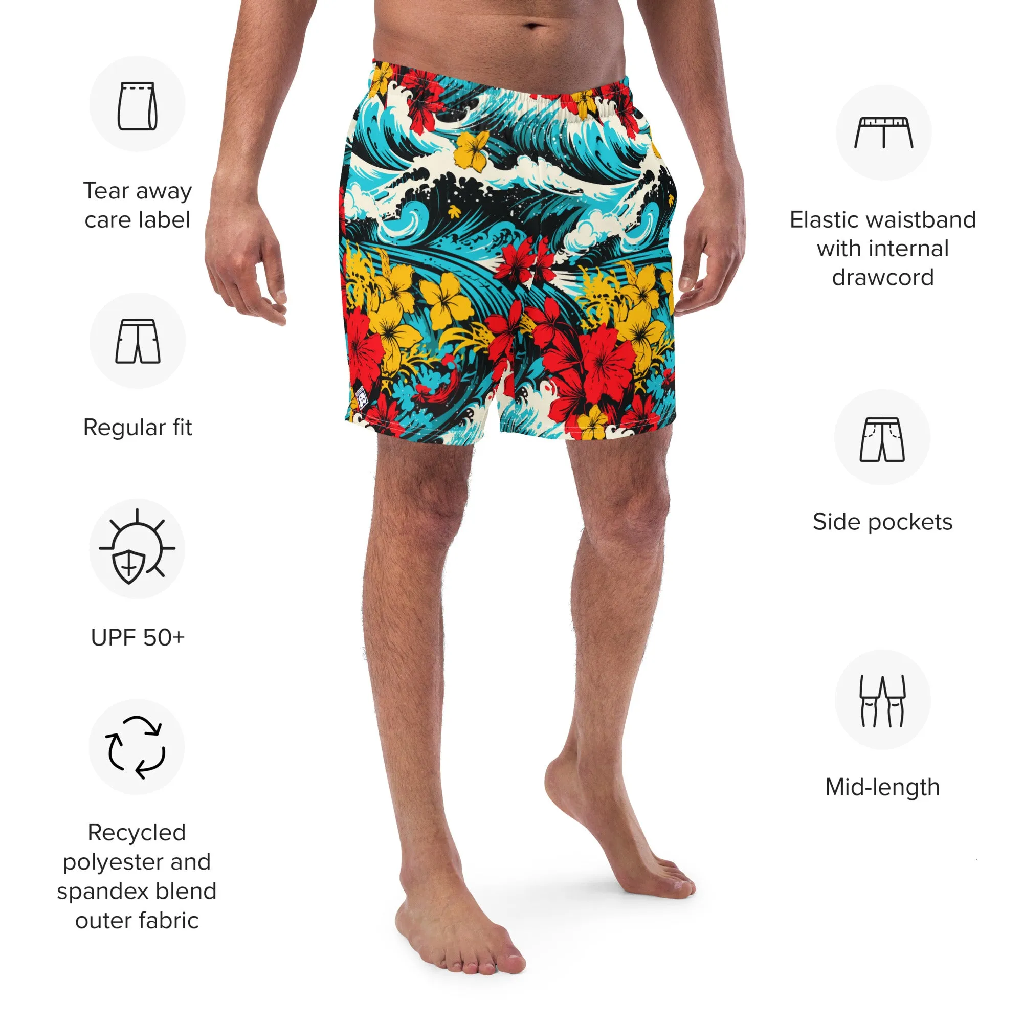 Men's Swim Trunks - Waves and Flowers 001