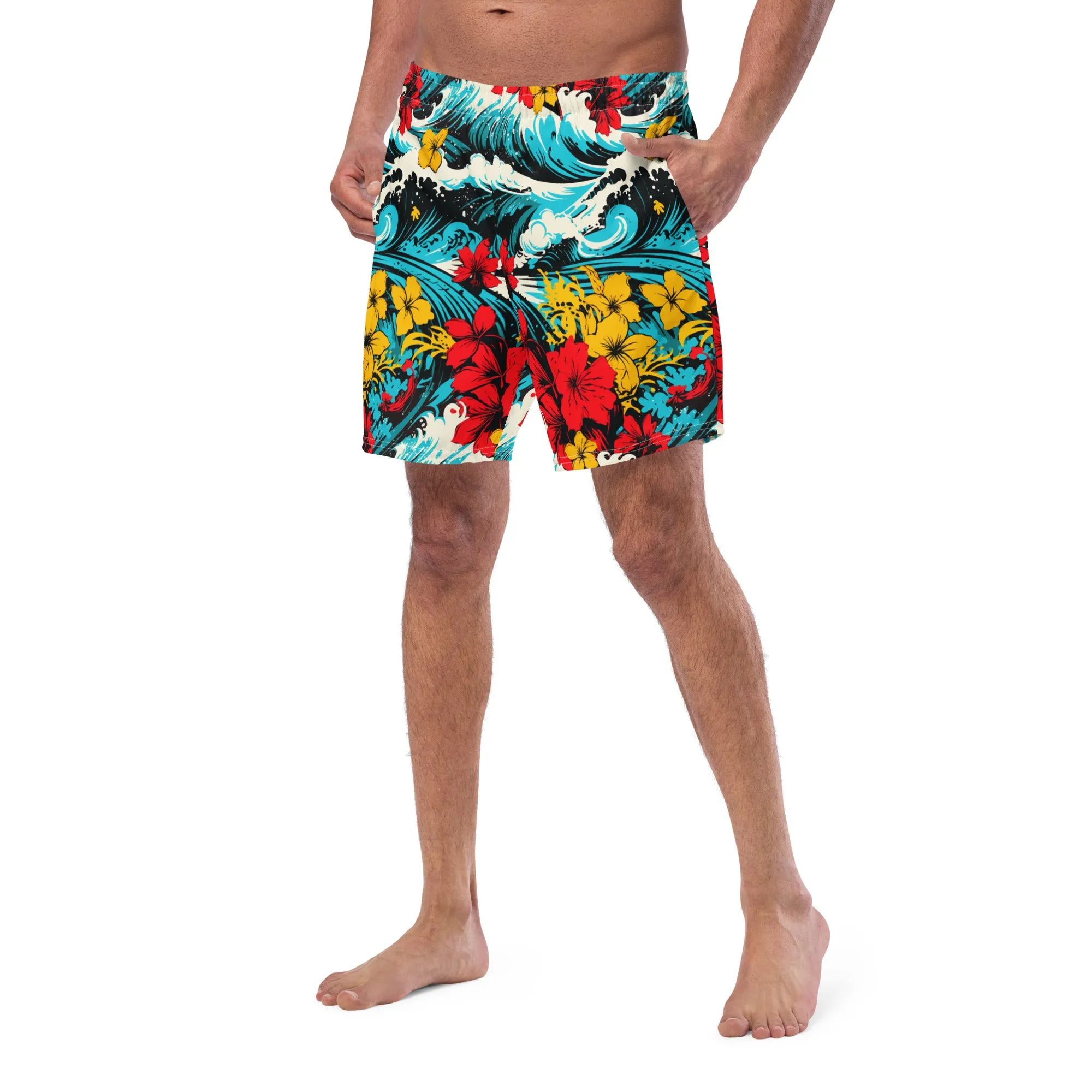 Men's Swim Trunks - Waves and Flowers 001