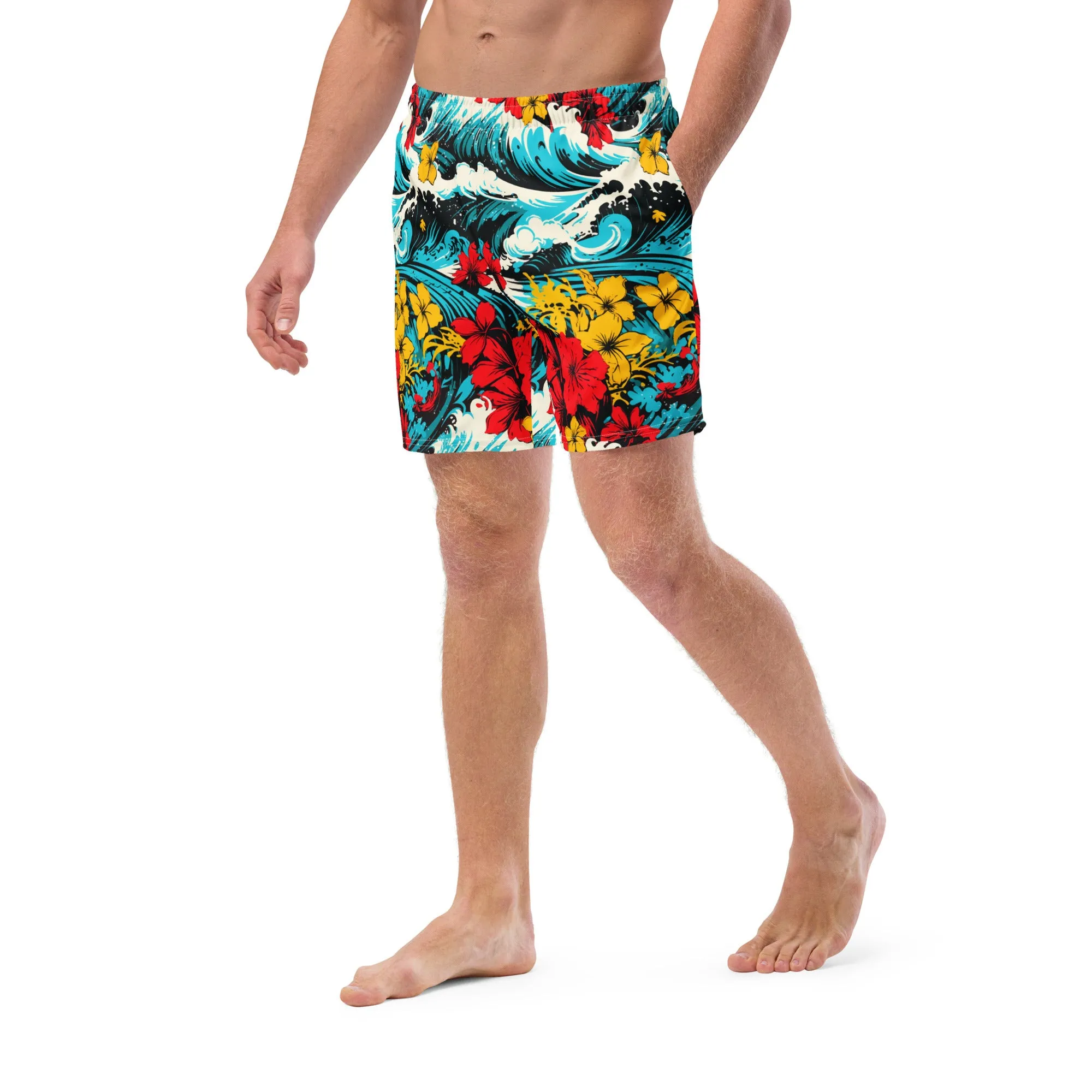 Men's Swim Trunks - Waves and Flowers 001