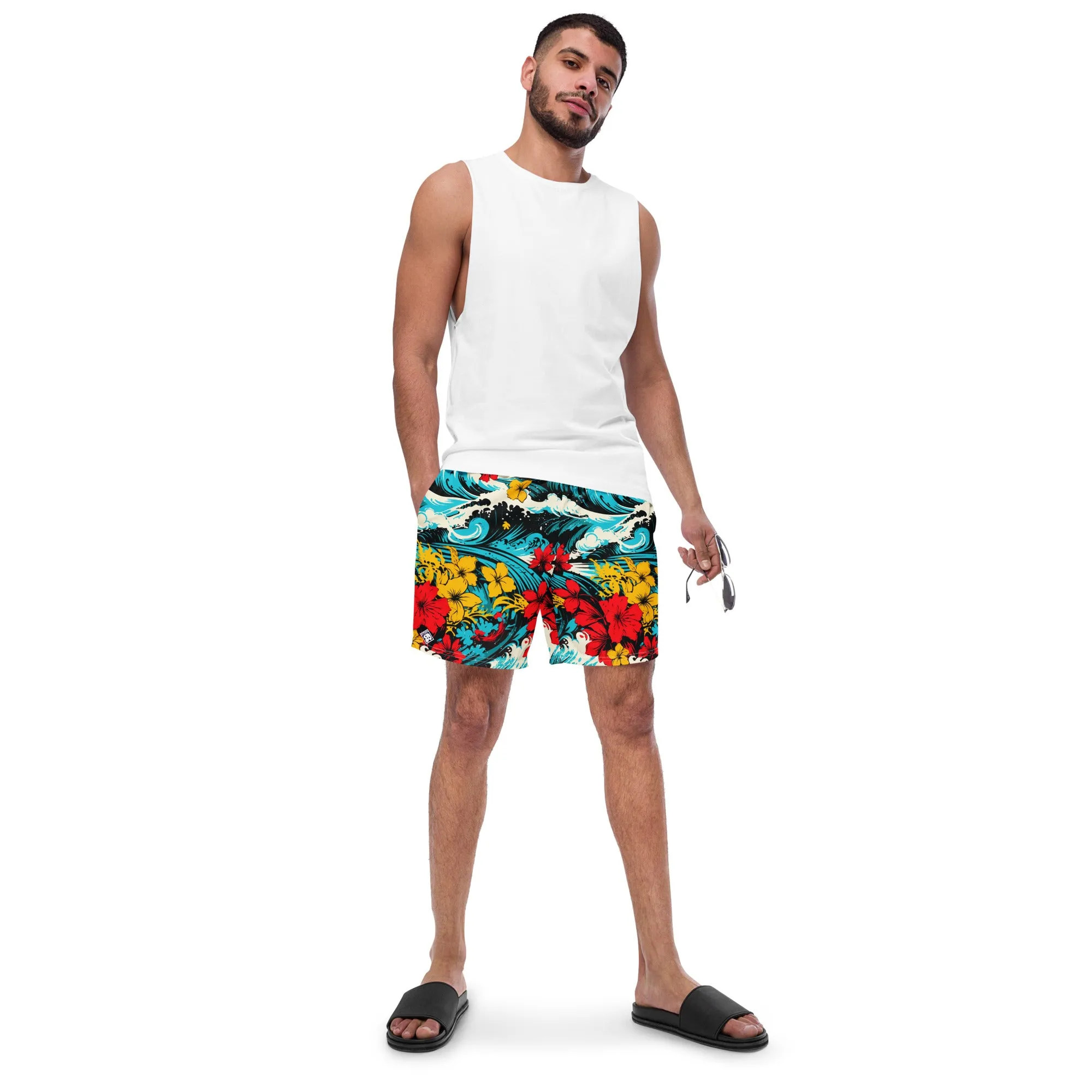 Men's Swim Trunks - Waves and Flowers 001