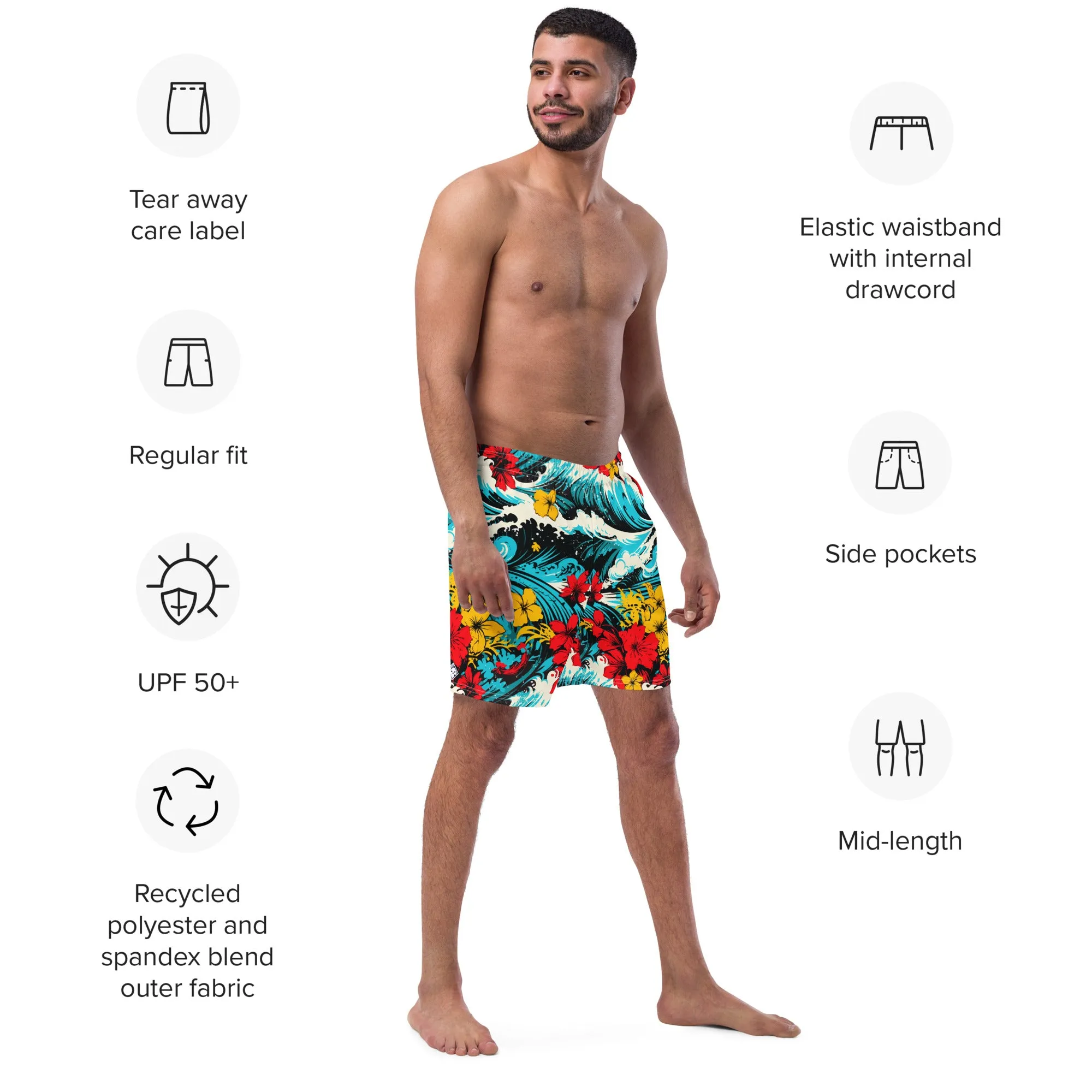 Men's Swim Trunks - Waves and Flowers 001