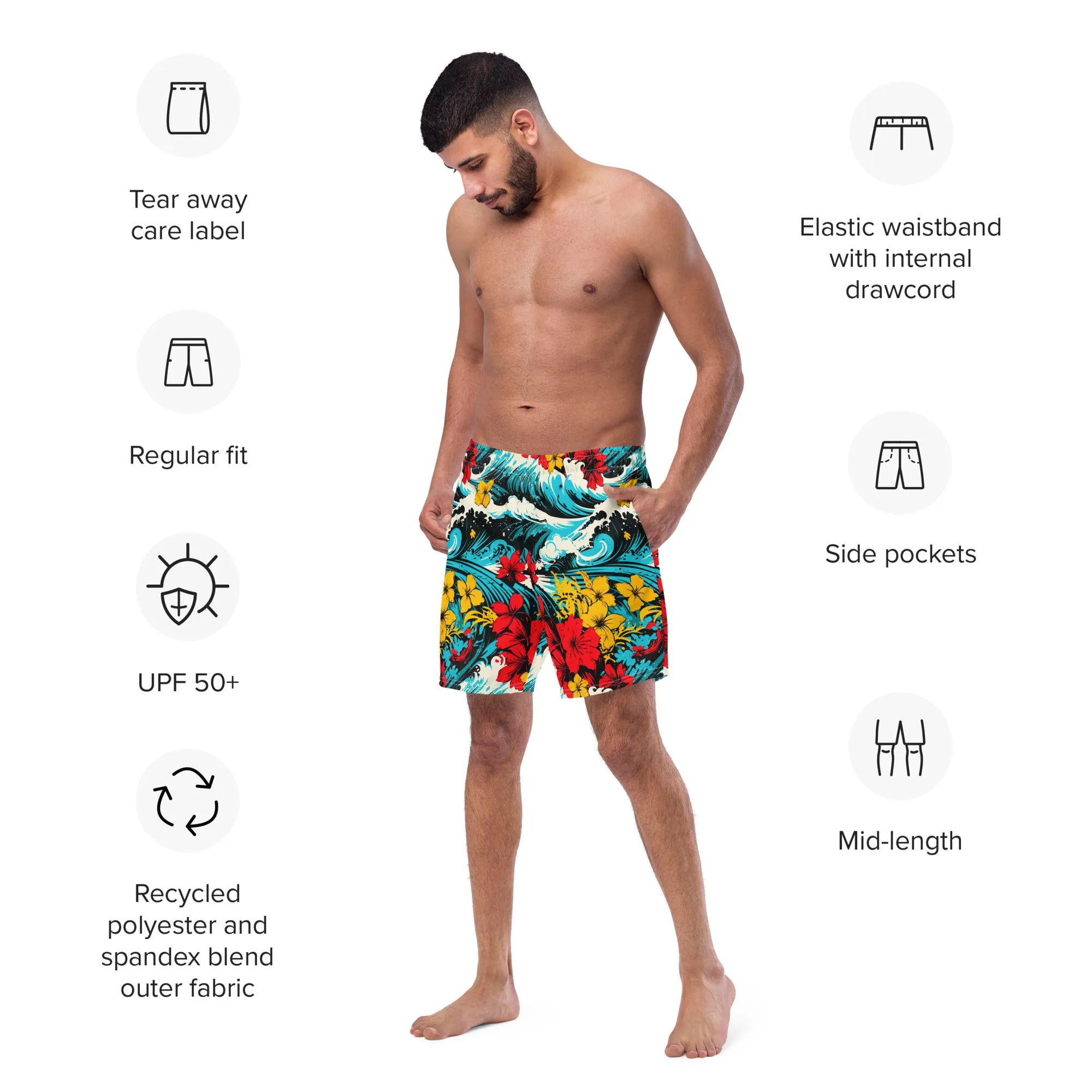 Men's Swim Trunks - Waves and Flowers 001