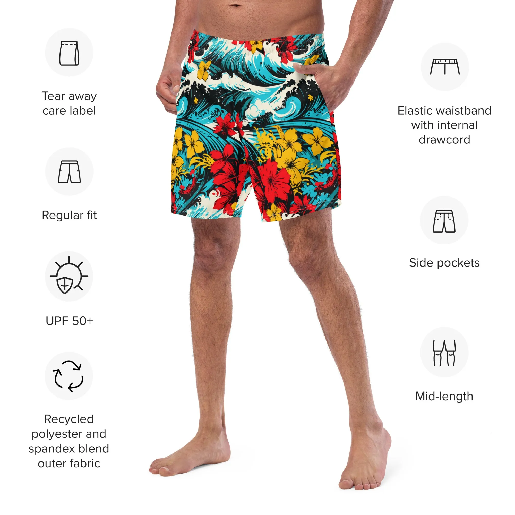 Men's Swim Trunks - Waves and Flowers 001