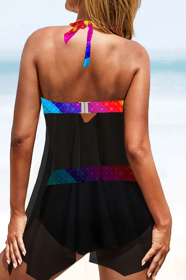 Mesh Patchwork Rainbow Colorful Irregular Tankini