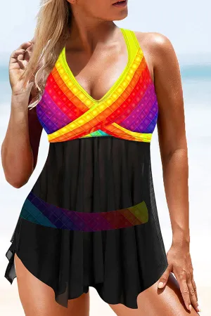 Mesh Patchwork Rainbow Colorful Irregular Tankini
