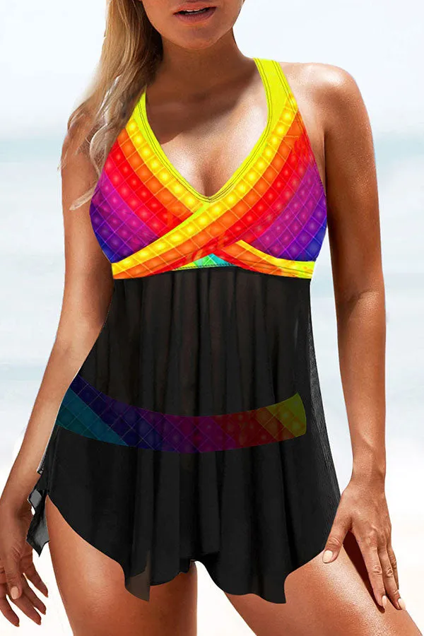 Mesh Patchwork Rainbow Colorful Irregular Tankini