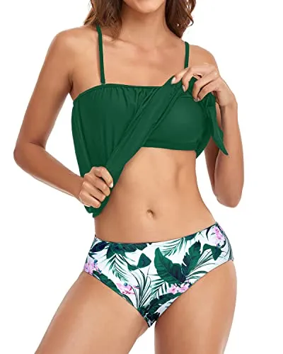 Mid Waist Bottom Bandeau Tankini Sets For Women-Green Floral