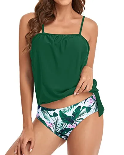 Mid Waist Bottom Bandeau Tankini Sets For Women-Green Floral