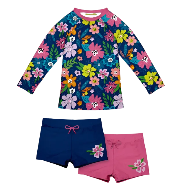 Millie Loves Lily Girls Swim Long-Sleeve 3-PC Rashguard Set - Fuchsia Adele Floral