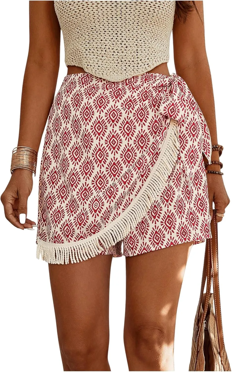Milumia Women's Printed Tie Side Shorts Tassel Trim High Waist Wrap Skorts Boho Shorts