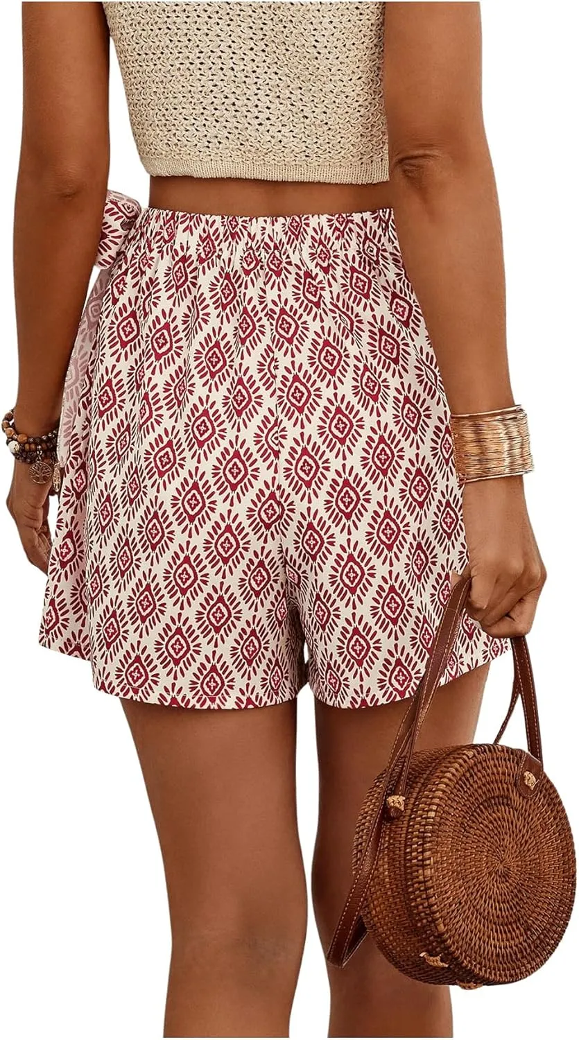 Milumia Women's Printed Tie Side Shorts Tassel Trim High Waist Wrap Skorts Boho Shorts