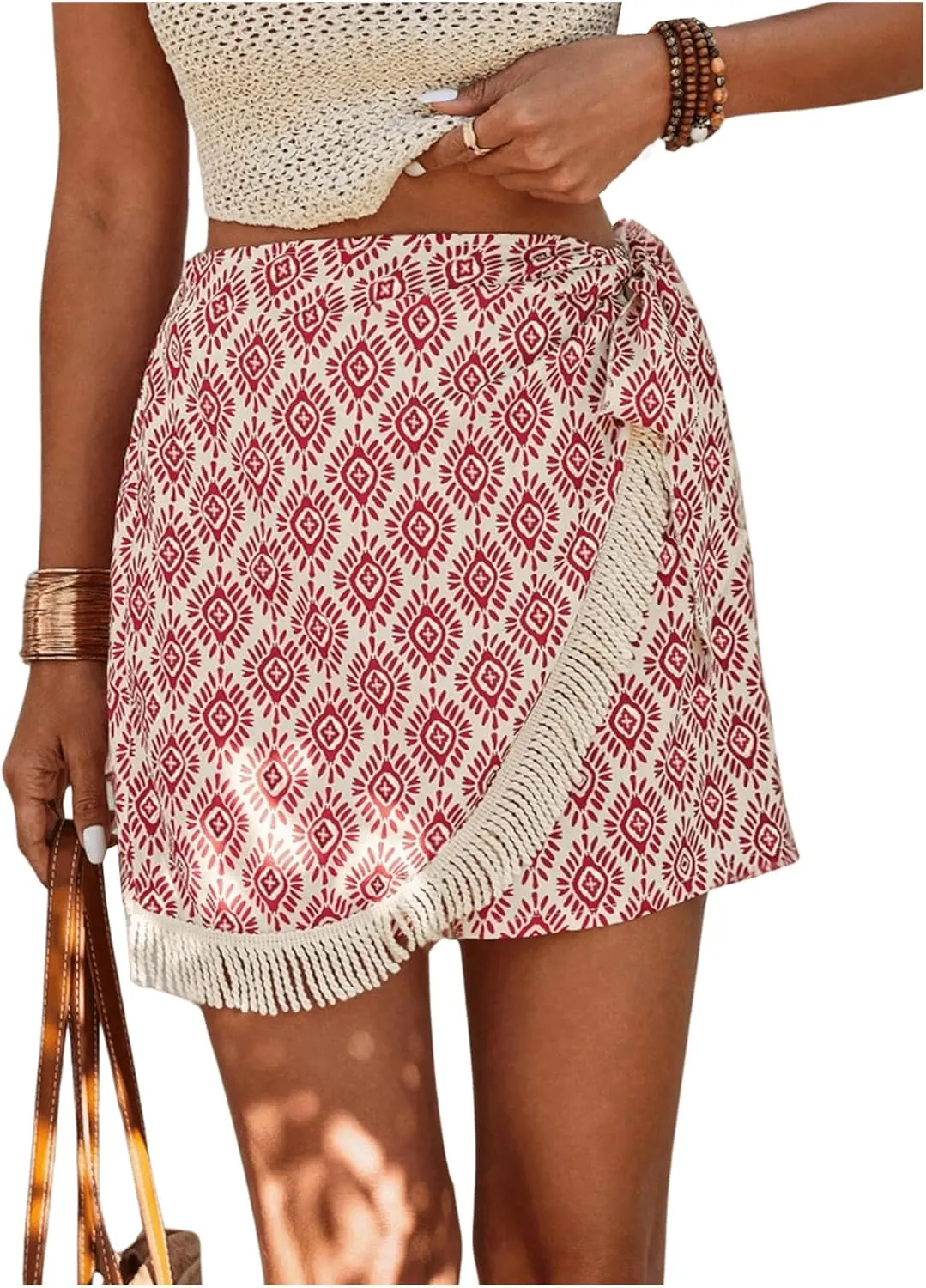 Milumia Women's Printed Tie Side Shorts Tassel Trim High Waist Wrap Skorts Boho Shorts