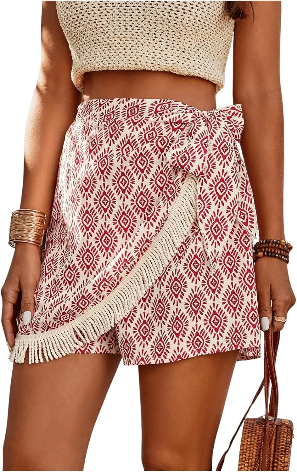 Milumia Women's Printed Tie Side Shorts Tassel Trim High Waist Wrap Skorts Boho Shorts