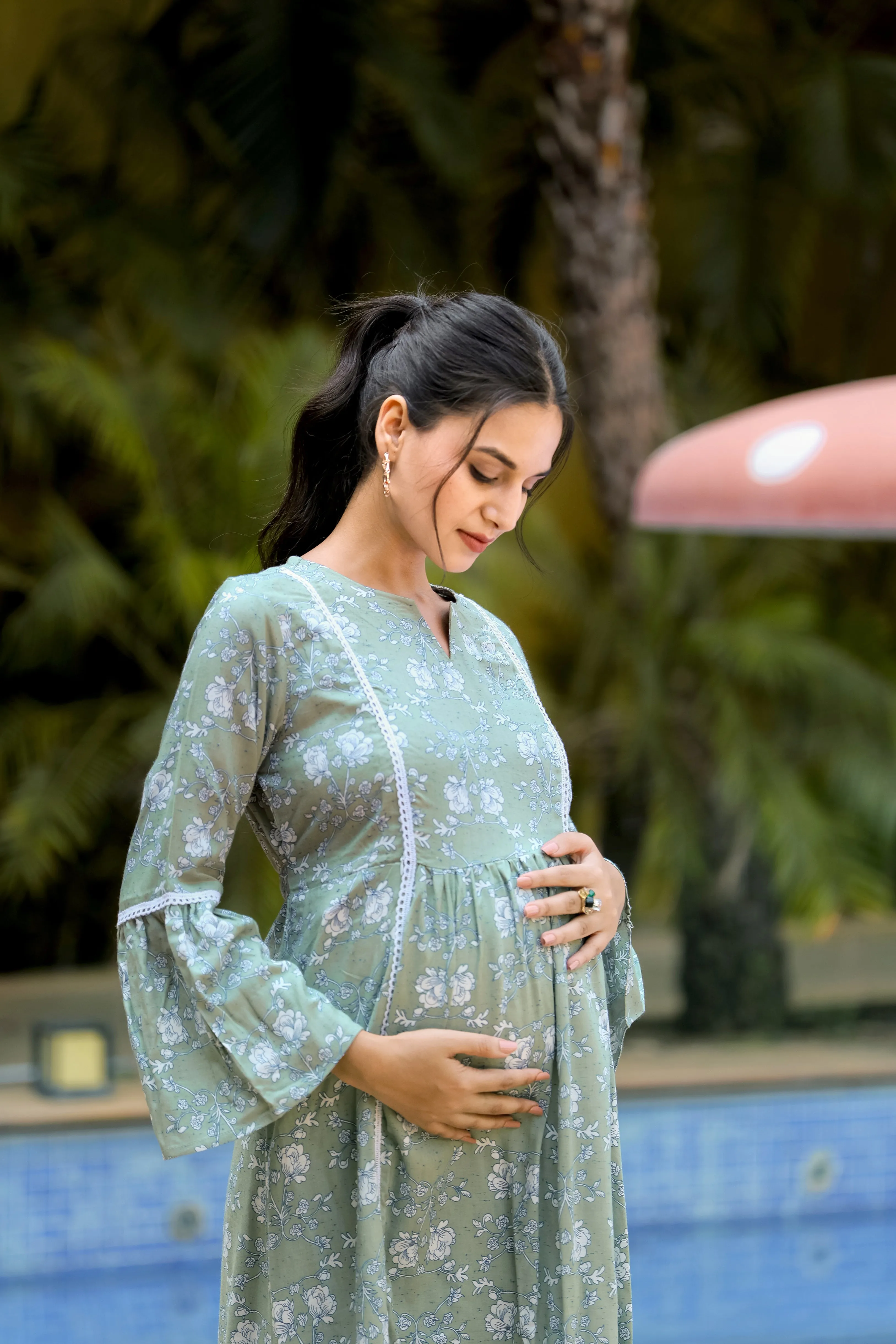 MINT GREEN FLOWERS MATERNITY DRESS