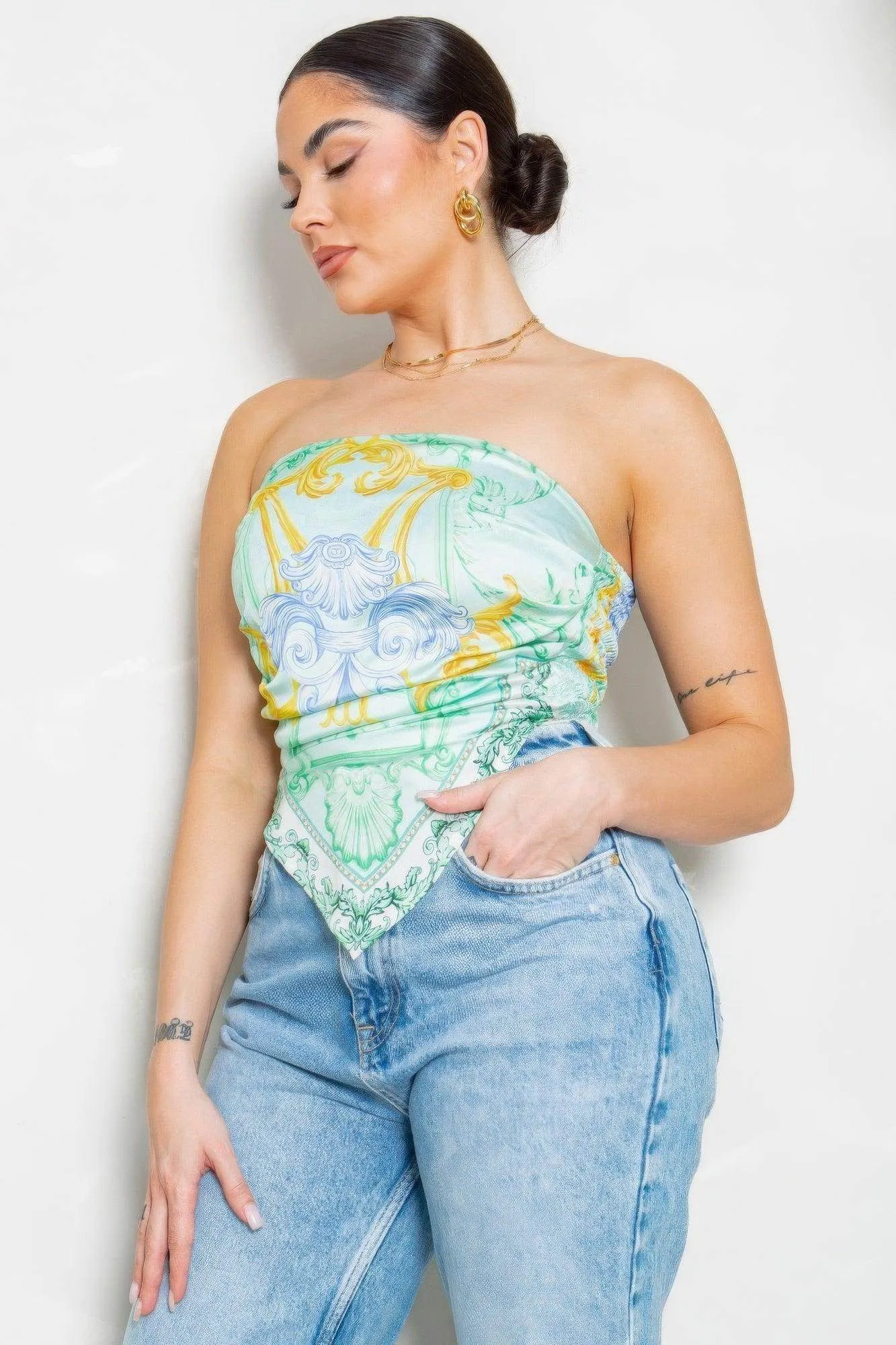 Mint Green Strapless Satin Effect Scarf Top
