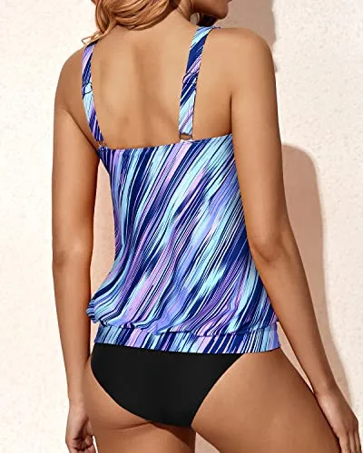 Modest And Comfy Tankini Swimsuits For Young Ladies-Blue And Black Stripe