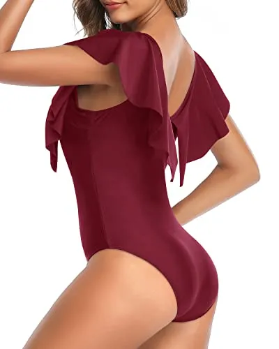 Modest Coverage Flounce Sleeve V Neck One Piece Swimsuit-Maroon