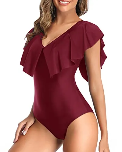 Modest Coverage Flounce Sleeve V Neck One Piece Swimsuit-Maroon