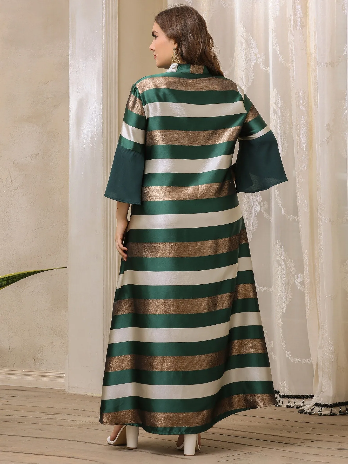 Modest Striped Patched Three Quarter Length Sleeve Notched Flared Maxi Plus Size Dress