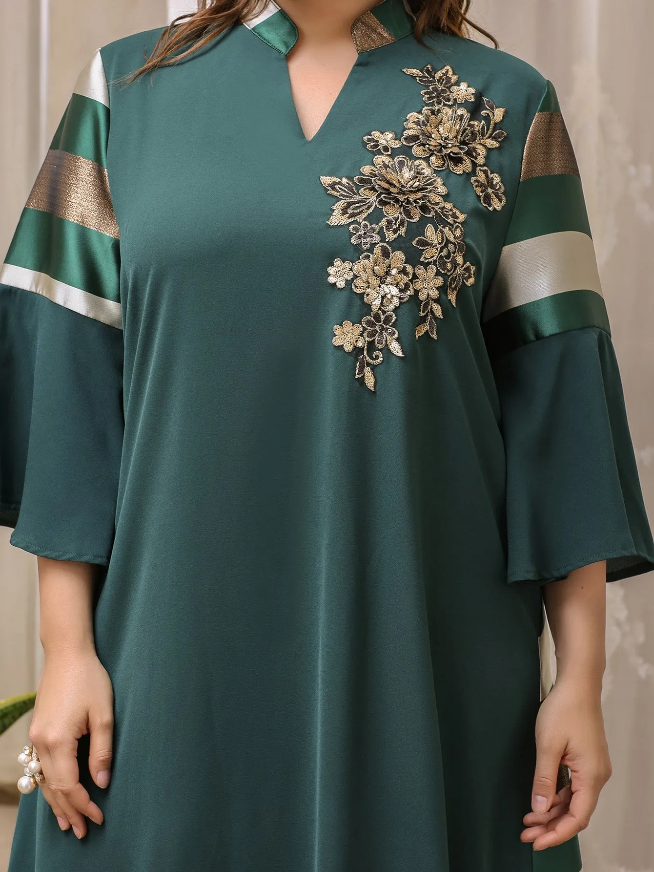 Modest Striped Patched Three Quarter Length Sleeve Notched Flared Maxi Plus Size Dress
