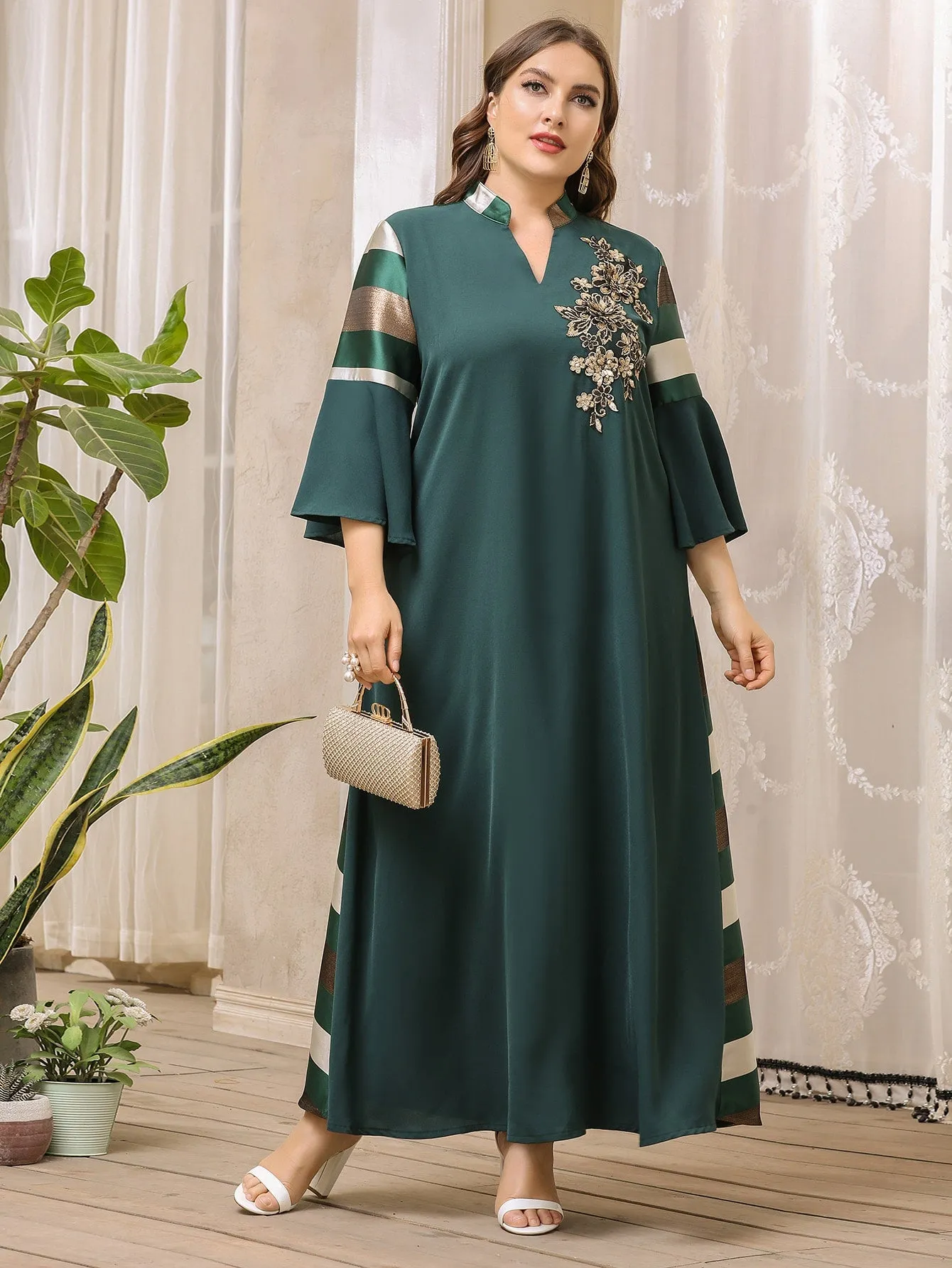 Modest Striped Patched Three Quarter Length Sleeve Notched Flared Maxi Plus Size Dress