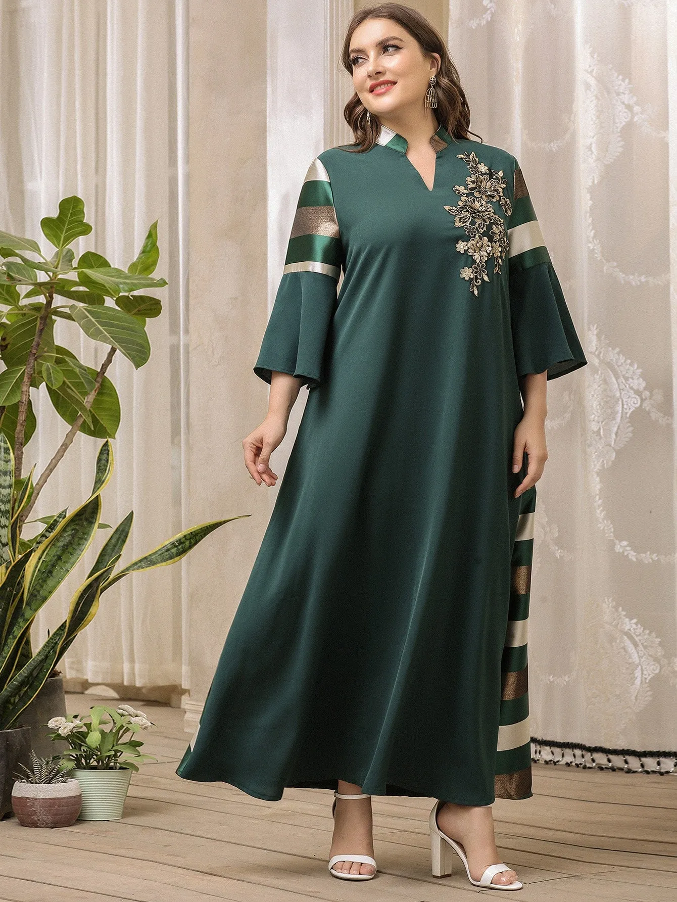 Modest Striped Patched Three Quarter Length Sleeve Notched Flared Maxi Plus Size Dress
