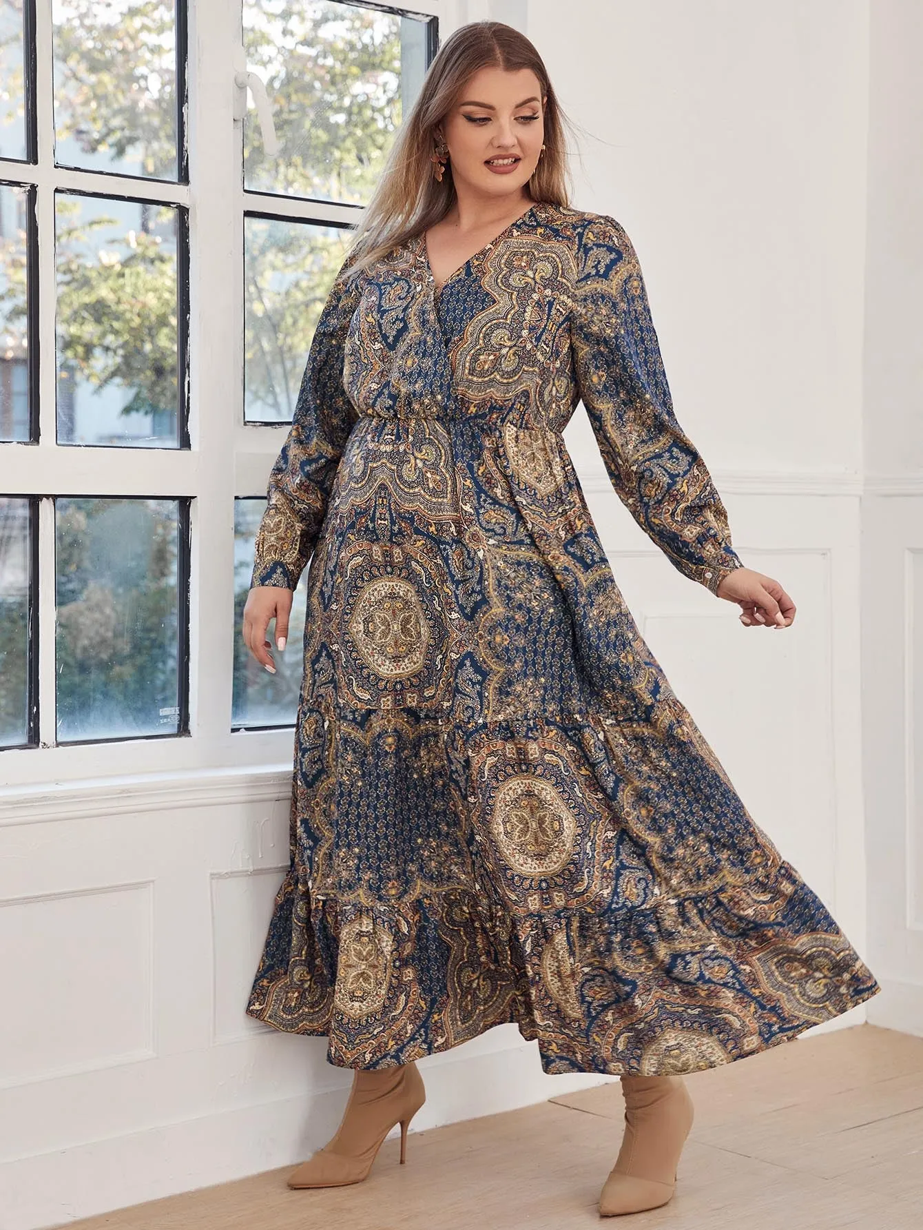Modest Tribal Wrap Long Sleeve V Neck Flounce High Waist Long Plus Size Dress