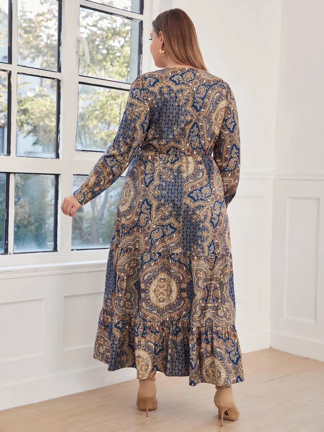 Modest Tribal Wrap Long Sleeve V Neck Flounce High Waist Long Plus Size Dress