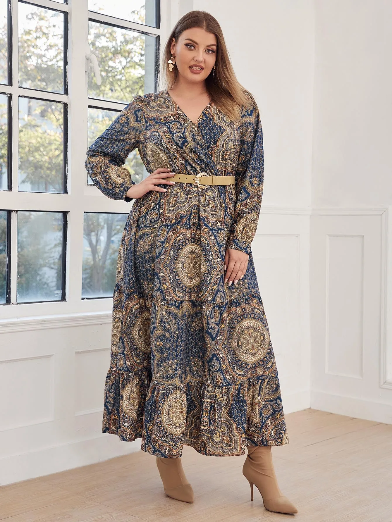 Modest Tribal Wrap Long Sleeve V Neck Flounce High Waist Long Plus Size Dress