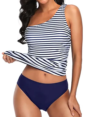 Modest Tummy Control Ruched Detail For Women Tankini Two Piece-Blue White Stripe