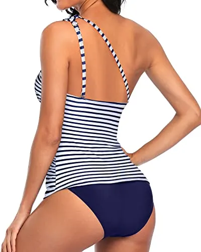 Modest Tummy Control Ruched Detail For Women Tankini Two Piece-Blue White Stripe