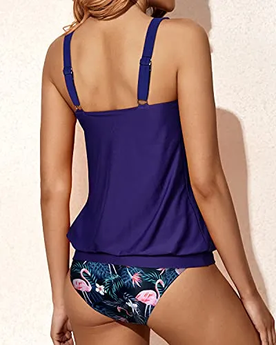 Modest Two Piece Bathing Suits Loose Fitting Tank Tops For Women-Blue Flamingo