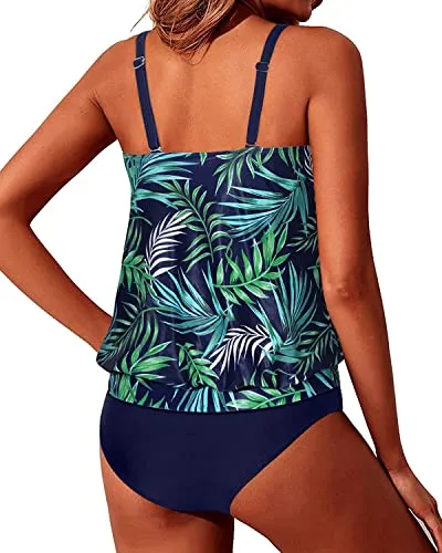 Modest Two-Piece Tankini Blouson Swimsuits For Women-Blue Leaf