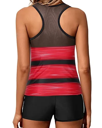 Modest Two Piece Tankini Swimsuits Shorts For Women-Red Stripe