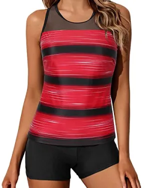 Modest Two Piece Tankini Swimsuits Shorts For Women-Red Stripe