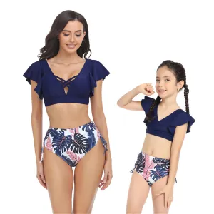 Mom and Daughter Tropical Print Ruffle Bikini Matching Swimsuit