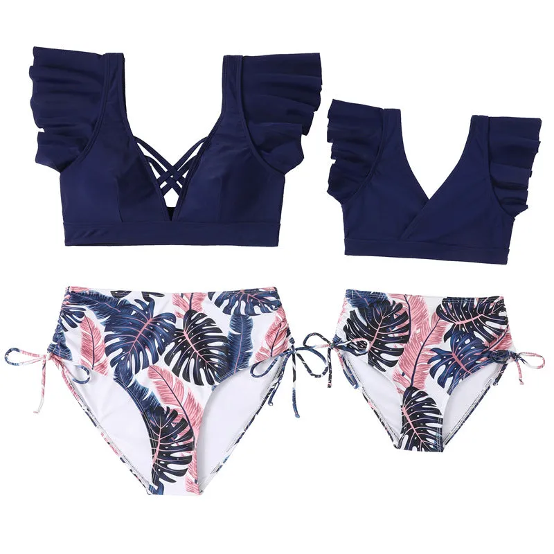 Mom and Daughter Tropical Print Ruffle Bikini Matching Swimsuit
