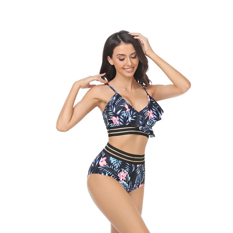 Mom and Daughter Tropical Print Stitch Details Swimsuit