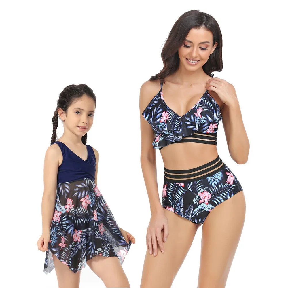 Mom and Daughter Tropical Print Stitch Details Swimsuit