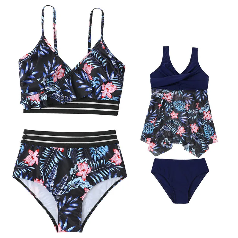 Mom and Daughter Tropical Print Stitch Details Swimsuit