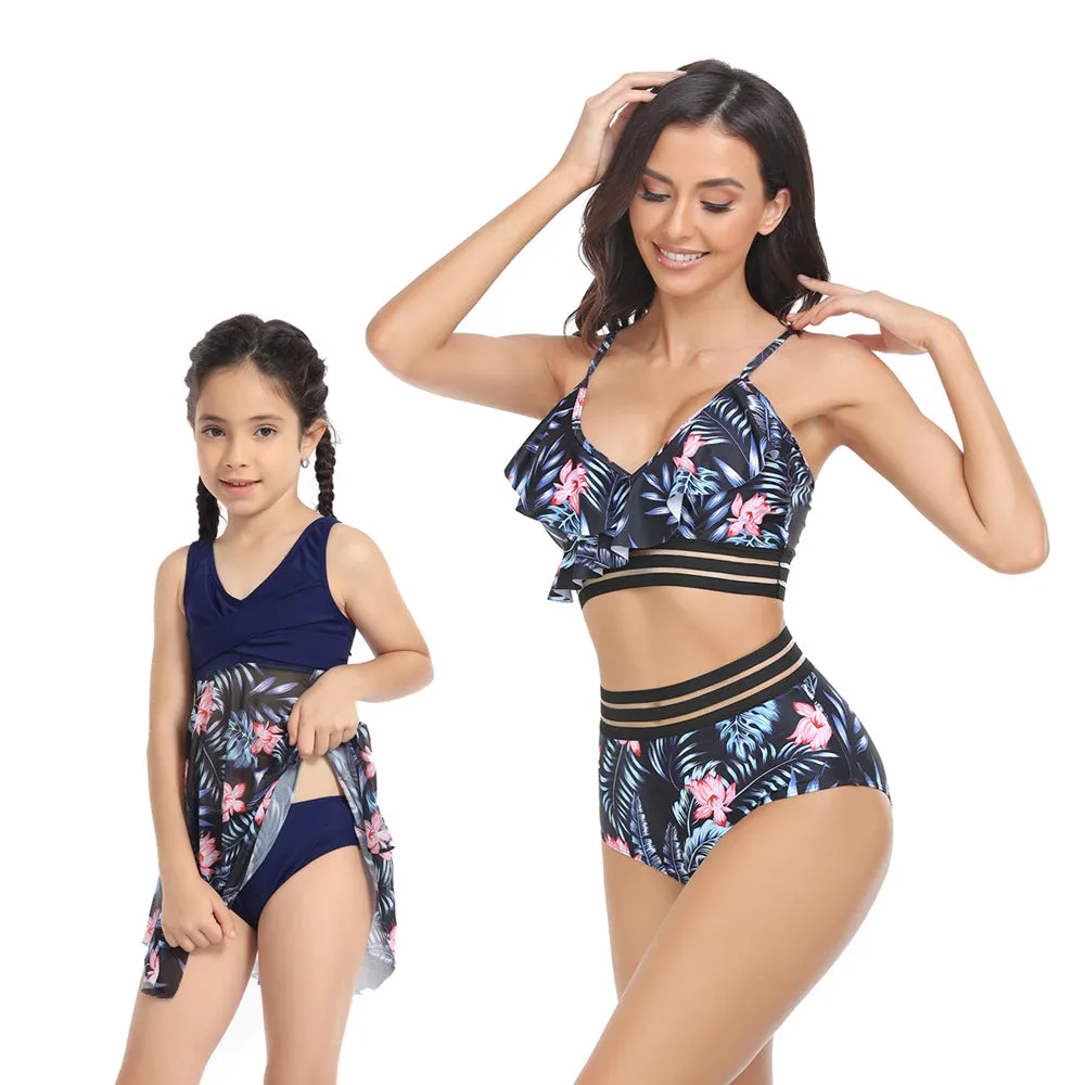 Mom and Daughter Tropical Print Stitch Details Swimsuit