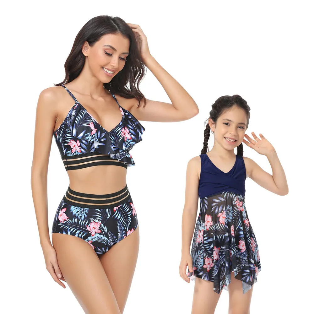 Mom and Daughter Tropical Print Stitch Details Swimsuit