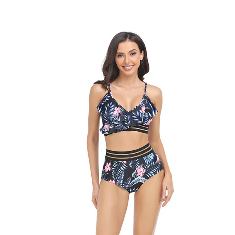 Mom and Daughter Tropical Print Stitch Details Swimsuit