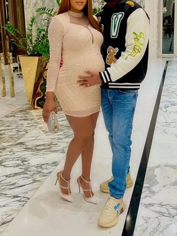 Momnfancy Apricot Rhinestone Diamond Mesh V-Neck Bodycon Going Out Chic Maternity Baby Shower Mini Dress