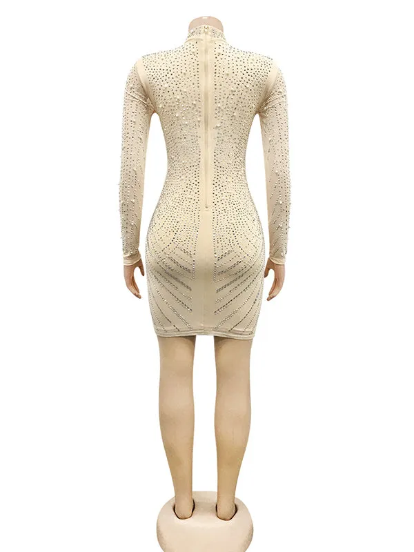 Momnfancy Apricot Rhinestone Diamond Mesh V-Neck Bodycon Going Out Chic Maternity Baby Shower Mini Dress