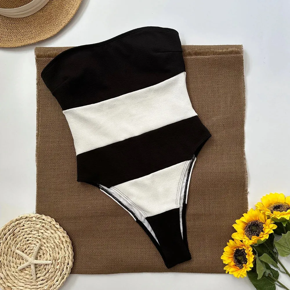 Monochrome Bandeau Tube Swimsuit in Black & White