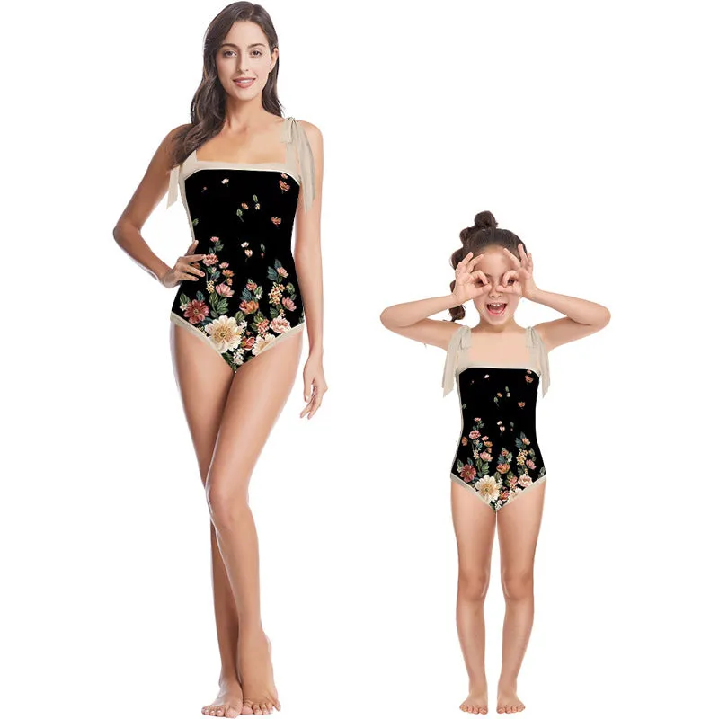 Mother-Daughter Black Flower Print Matching One-Piece Swimsuit with Skirt Set